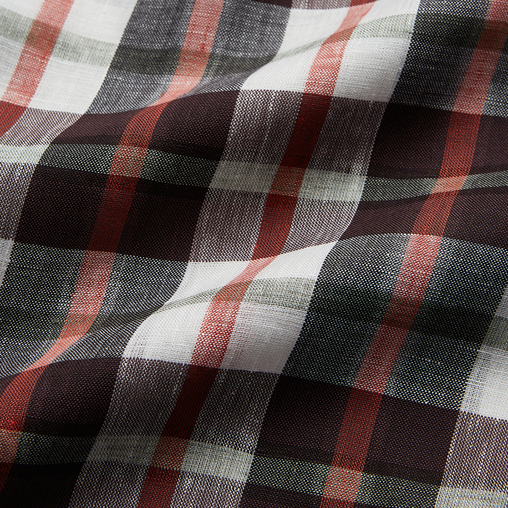 The Turnbull & Asser Black Multi-check Linen Blend Regular Fit Mayfair Shirt features long sleeves, a classic T&A collar and cuffs, and a black-and-red check pattern, shown on a white background.