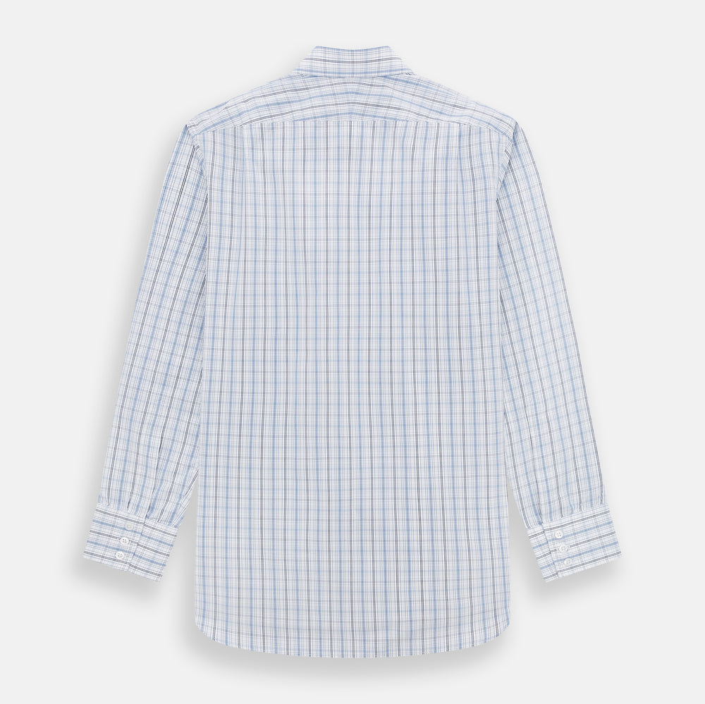 The Turnbull & Asser Blue and Navy Multi Check Mayfair Shirt features a classic T&A collar and long sleeves, with a blue multi-check pattern on white, neatly displayed against a plain white background.