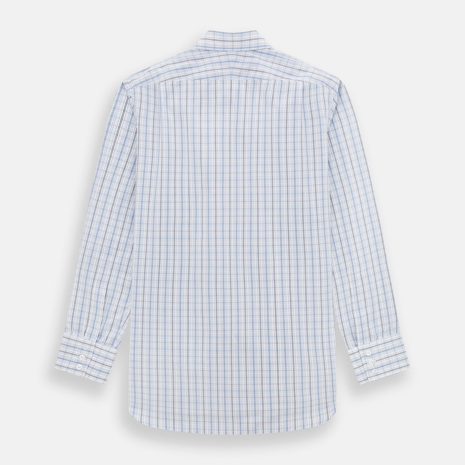 View 3 of product The Turnbull & Asser Blue and Navy Multi Check Mayfair Shirt features a classic T&A collar and long sleeves, with a blue multi-check pattern on white, neatly displayed against a plain white background.