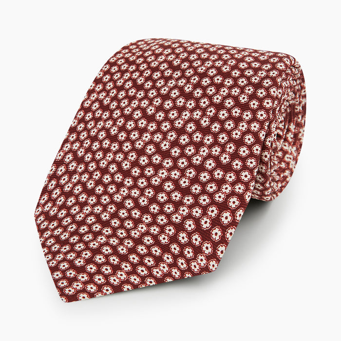 Burgundy Flower-Patterned Printed Silk Tie Image 4