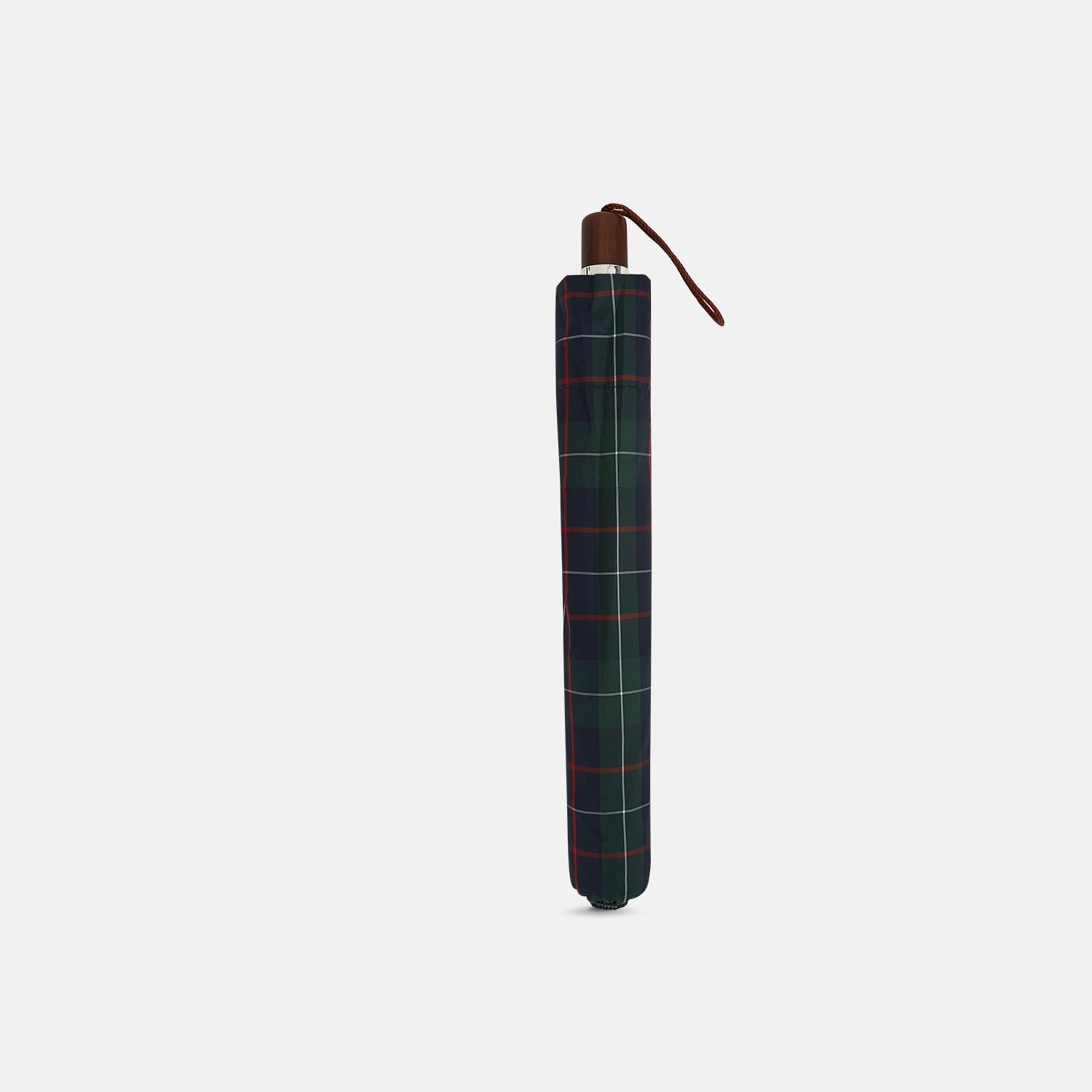 View 2 of product The Colquhoun Tartan Telescopic Umbrella by Turnbull & Asser features a green, blue, and red plaid canopy, silver metal shaft, and brown maple handle with wrist strap. Shown fully open against a plain white background.