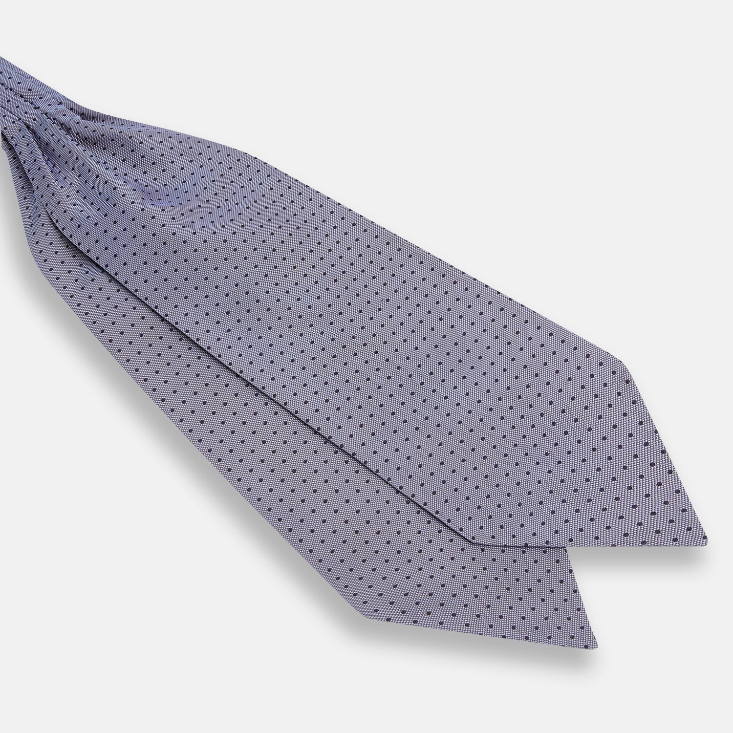 View 3 of product A light gray pocket square with small black polka dots pairs perfectly with the Turnbull & Asser Navy and Light Blue Micro Dot Silk Cravat for a refined, polished formal look.