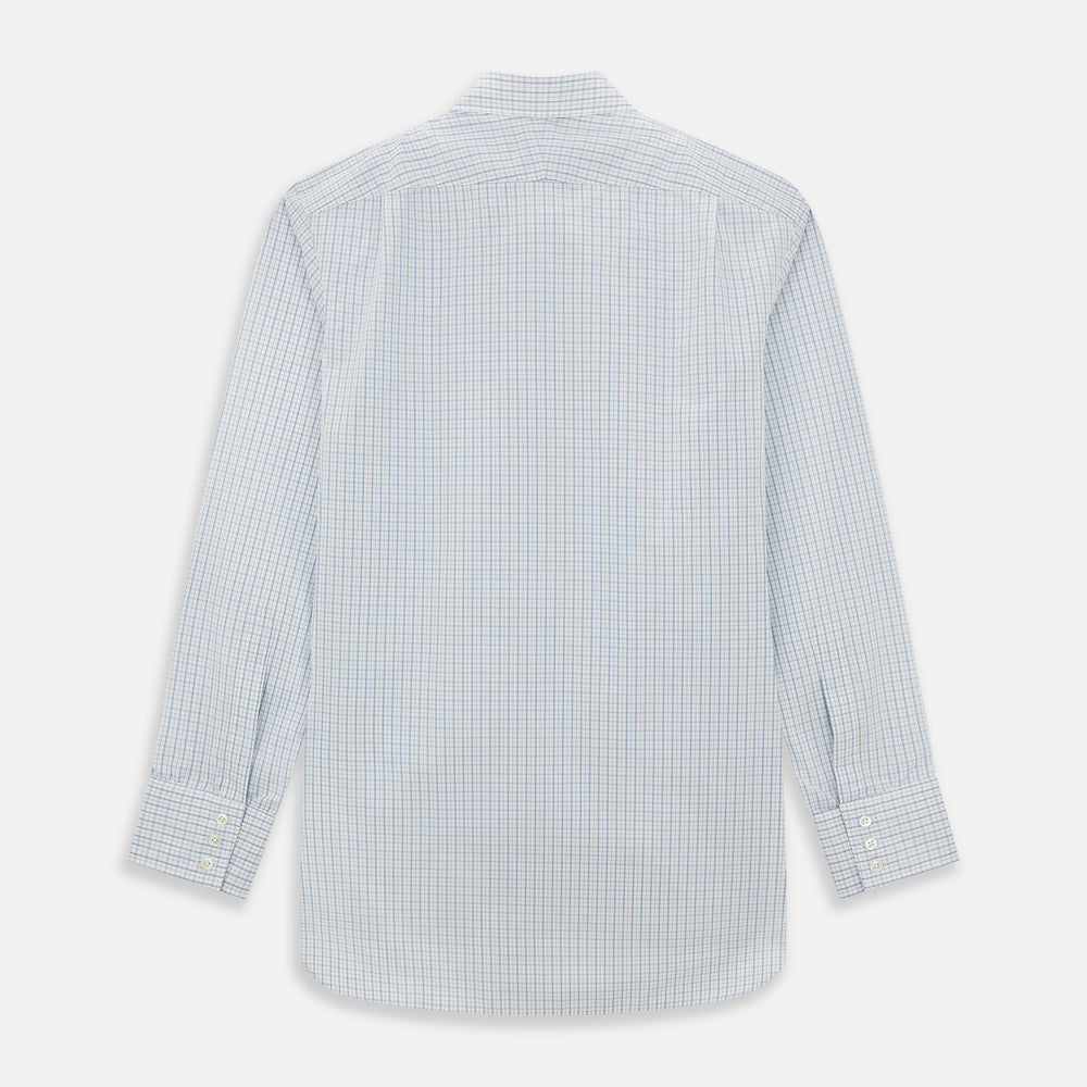 The Turnbull & Asser Sky Blue Combination Graph Check Mayfair Shirt features long sleeves, a pointed collar, buttoned cuffs, and a blue and white check pattern that showcases British craftsmanship. Displayed on a white background.