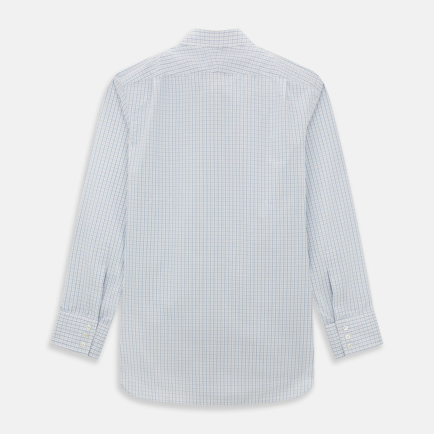 View 3 of product The Turnbull & Asser Sky Blue Combination Graph Check Mayfair Shirt features long sleeves, a pointed collar, buttoned cuffs, and a blue and white check pattern that showcases British craftsmanship. Displayed on a white background.
