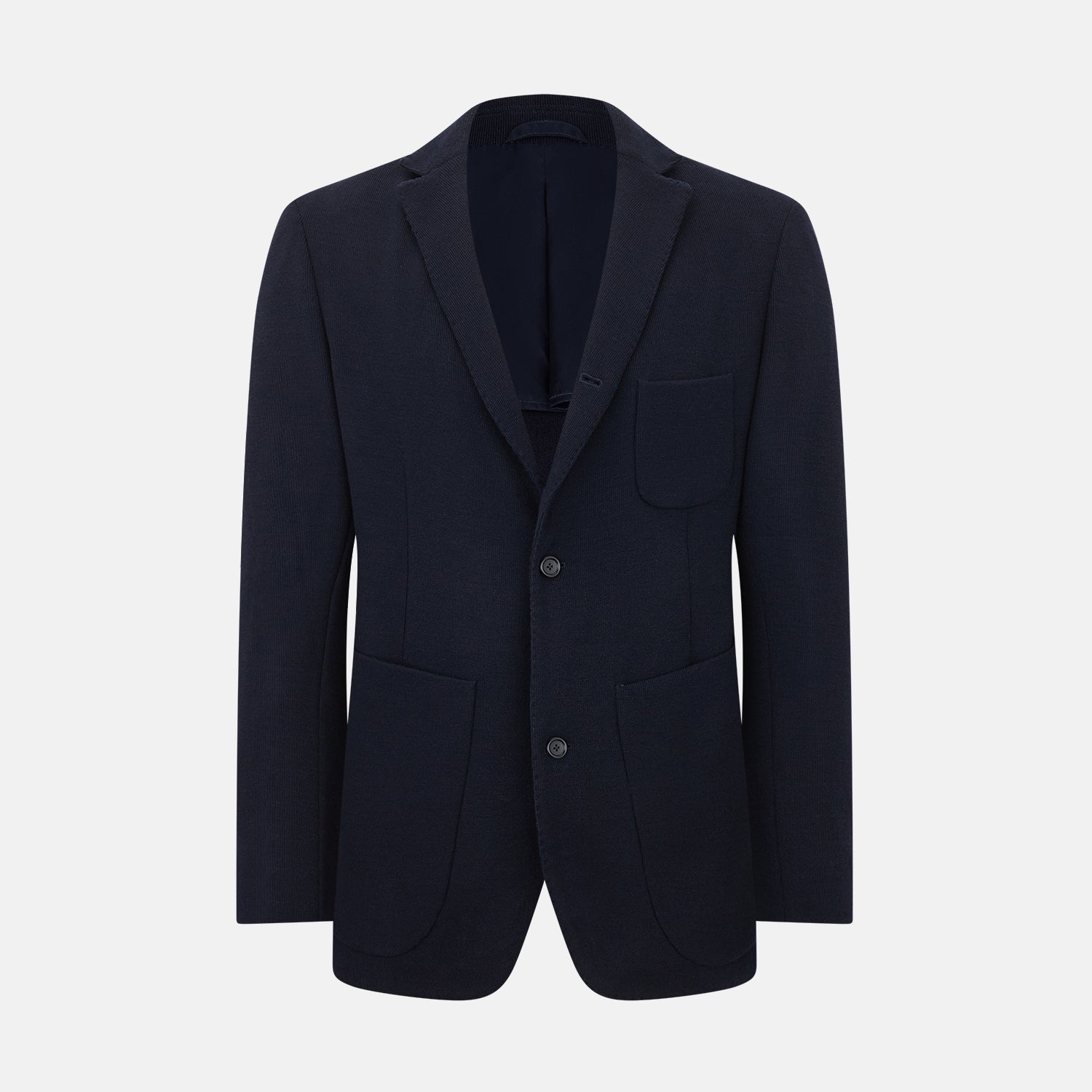 View 1 of product The Navy Knitted Oxford Blazer by Turnbull & Asser features notch lapels, two front buttons, a chest pocket, and two lower patch pockets, shown against a plain white background.