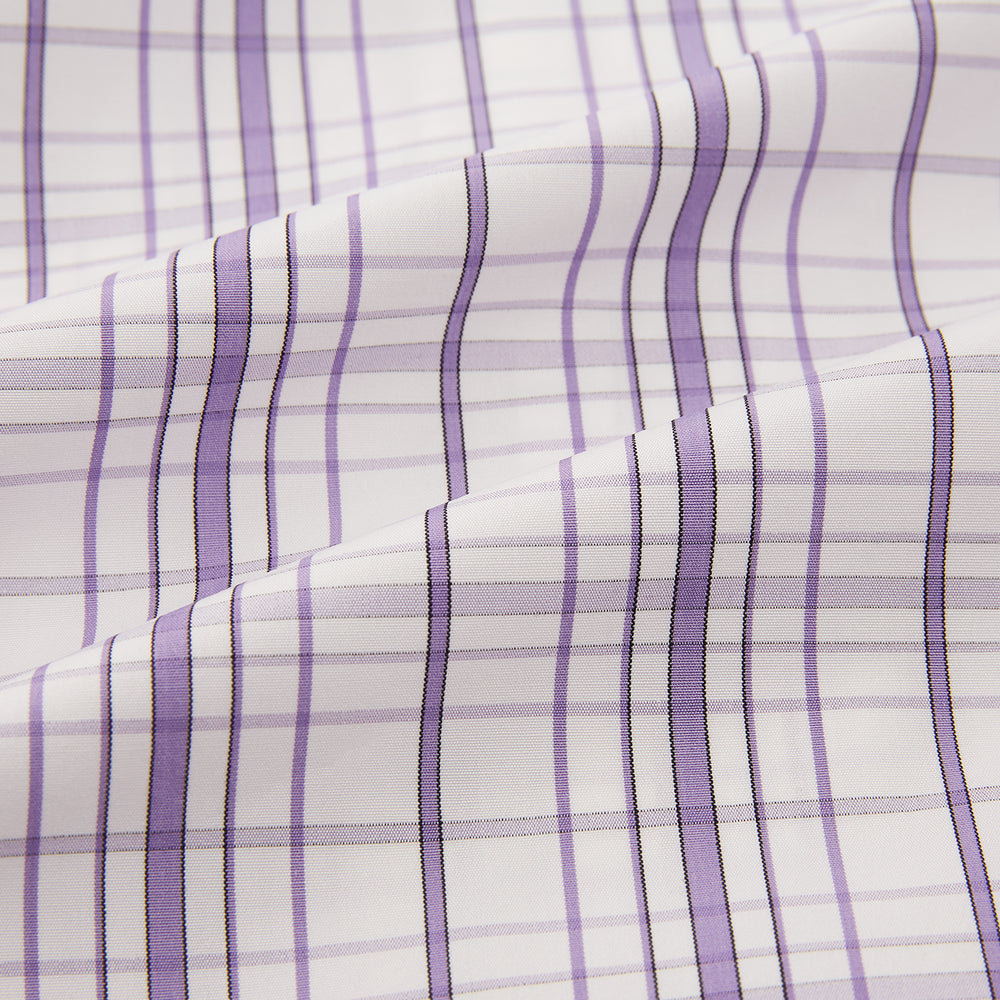 The Turnbull & Asser Purple Plaid Check Mayfair Shirt is a long-sleeve button-down with a pointed T&A collar, featuring a purple and blue plaid pattern on white.