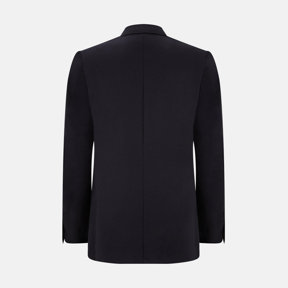 The Turnbull & Asser Long Navy Single Breasted Suit, shown on a white background, features a blazer with notch lapels and matching tailored trousers—ideal for formal occasions.