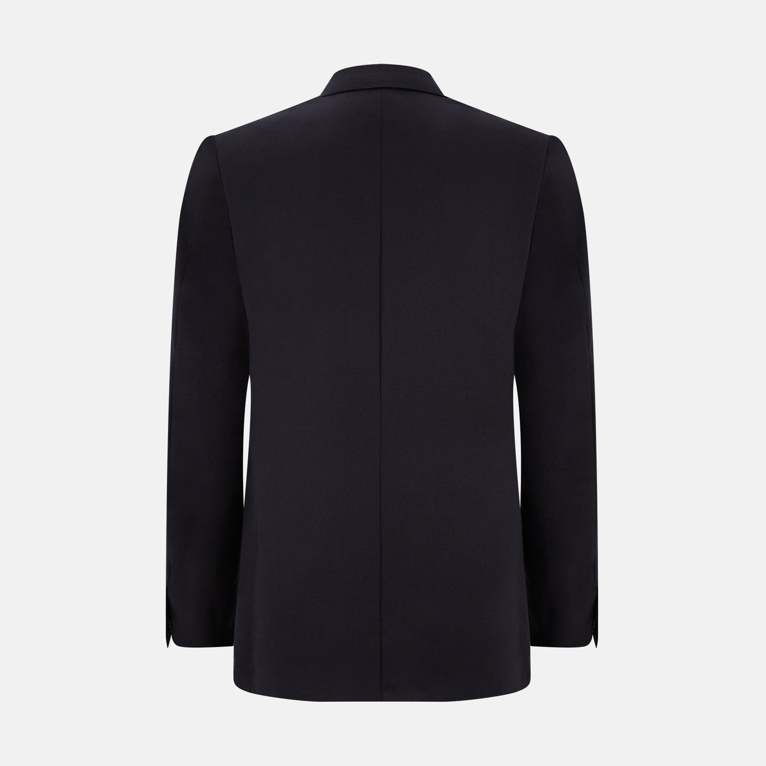 View 5 of product The Turnbull & Asser Long Navy Single Breasted Suit, shown on a white background, features a blazer with notch lapels and matching tailored trousers—ideal for formal occasions.