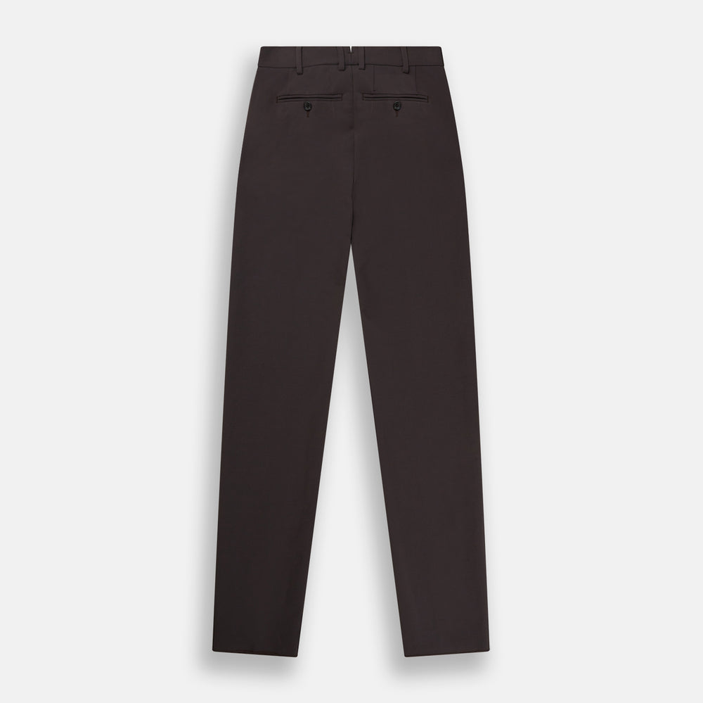 The Turnbull & Asser Brown James Trouser in a straight fit features Italian cotton, belt loops, side pockets, and a front zipper with button closure, displayed on a plain white background.