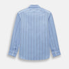 View 3 of product The Sky Blue Track Stripe Westminster Shirt by Turnbull & Asser features long sleeves, a Turnbull collar, and vertical dark blue and white stripes, displayed flat on a white surface.