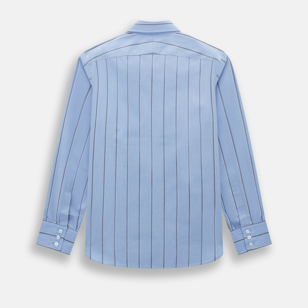 The Sky Blue Track Stripe Westminster Shirt by Turnbull & Asser features long sleeves, a Turnbull collar, and vertical dark blue and white stripes, displayed flat on a white surface.