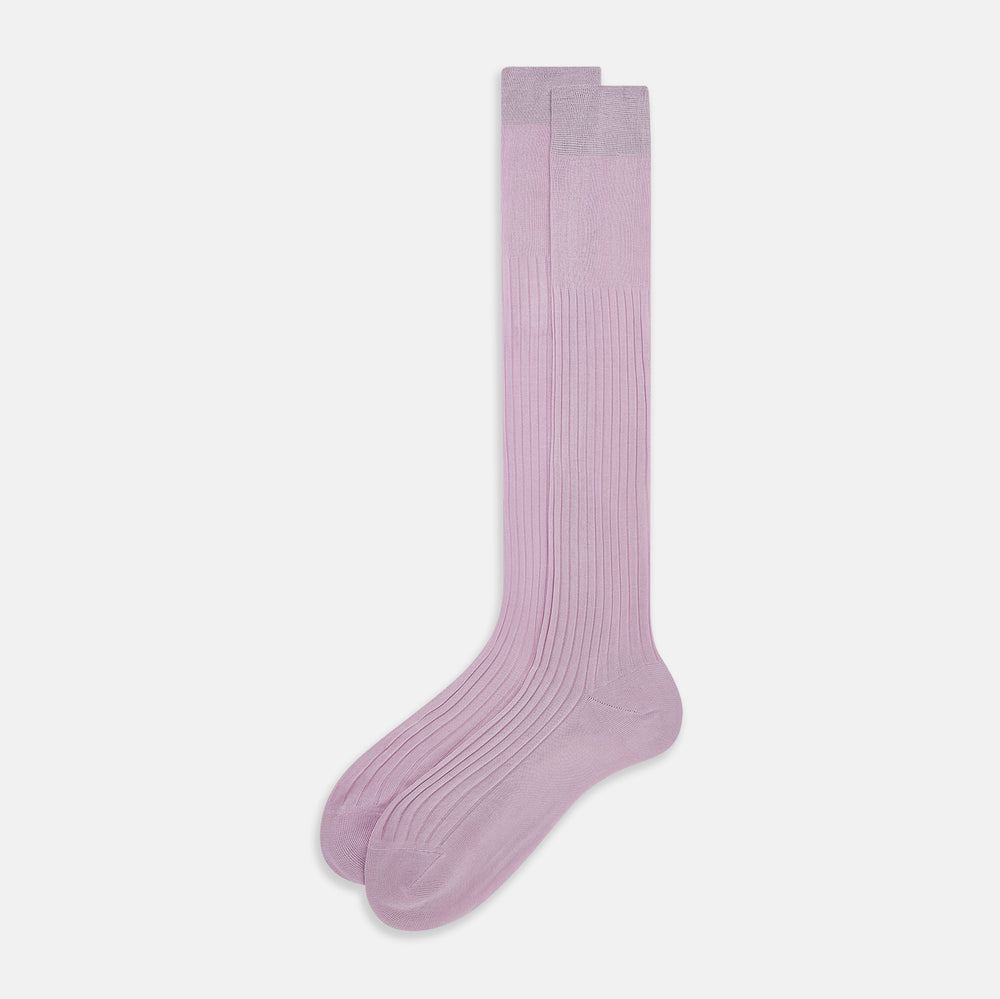 A single, knee-high Rose Long Sock by Turnbull & Asser, in light purple ribbed mercerised cotton, is displayed upright on a plain white background.
