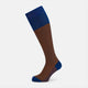 The Turnbull & Asser Royal Blue/Orange Thin Striped Long Sock is a knee-high, over-the-calf sock in mercerised Egyptian cotton, featuring vertical orange and dark blue stripes with blue cuff, heel, and toe. Displayed on a white background.