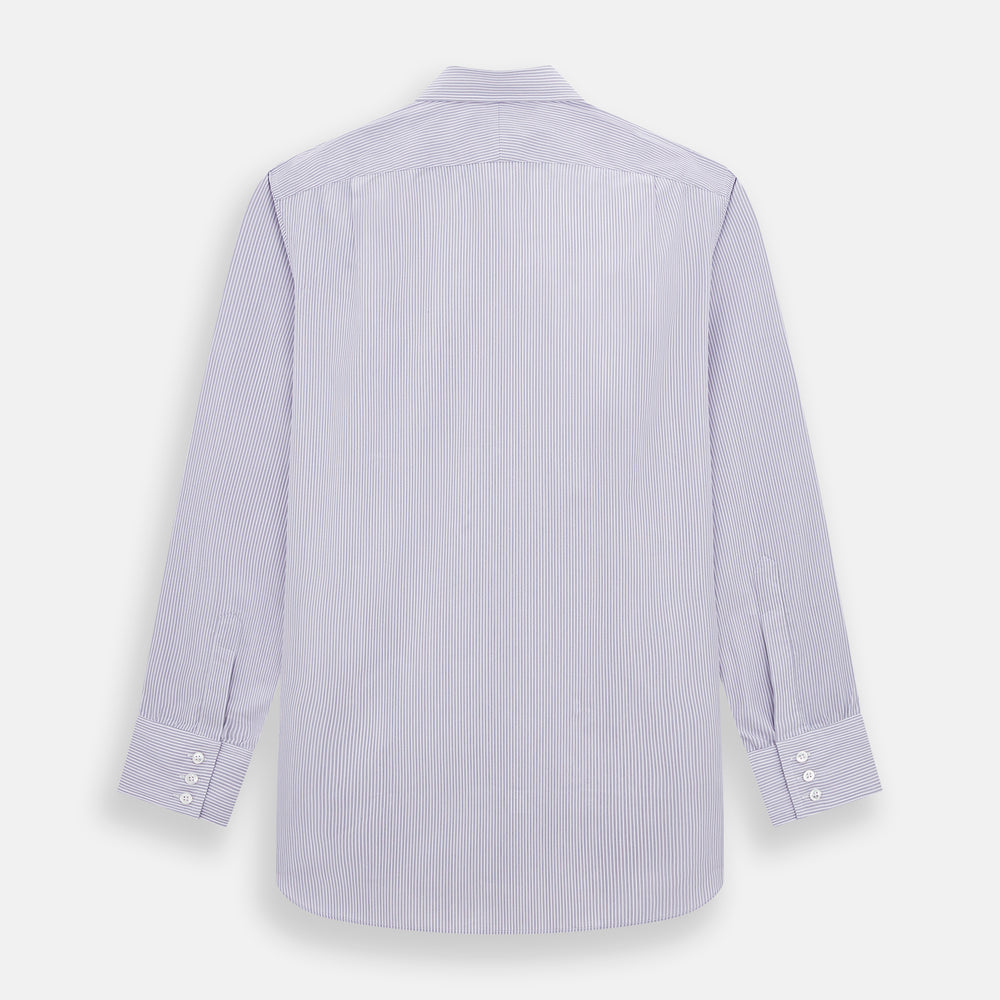 The Lilac Halo Stripe Mayfair Shirt by Turnbull & Asser features a relaxed Mayfair fit, white buttons, a pointed collar, and a subtle lilac stripe pattern for timeless sophistication.