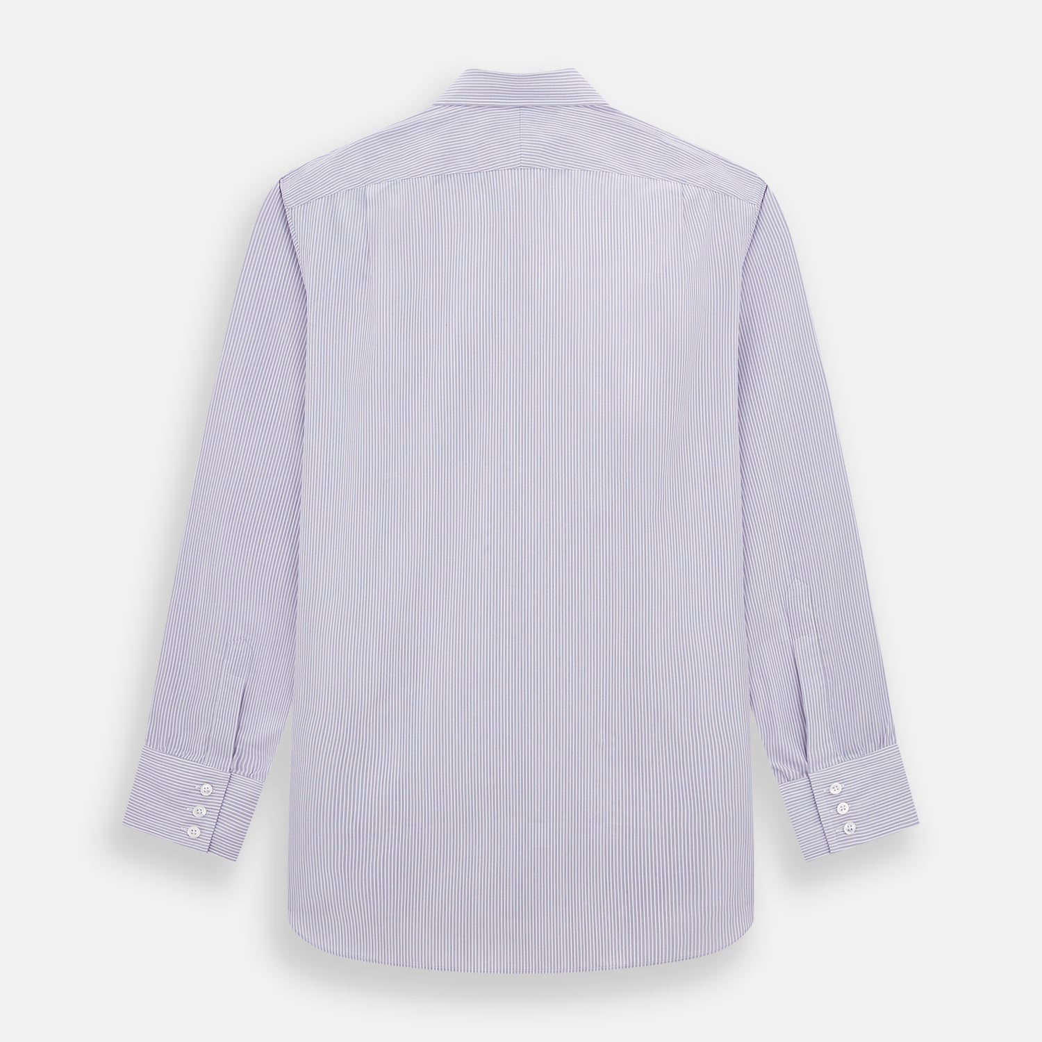 View 3 of product The Lilac Halo Stripe Mayfair Shirt by Turnbull & Asser features a relaxed Mayfair fit, white buttons, a pointed collar, and a subtle lilac stripe pattern for timeless sophistication.