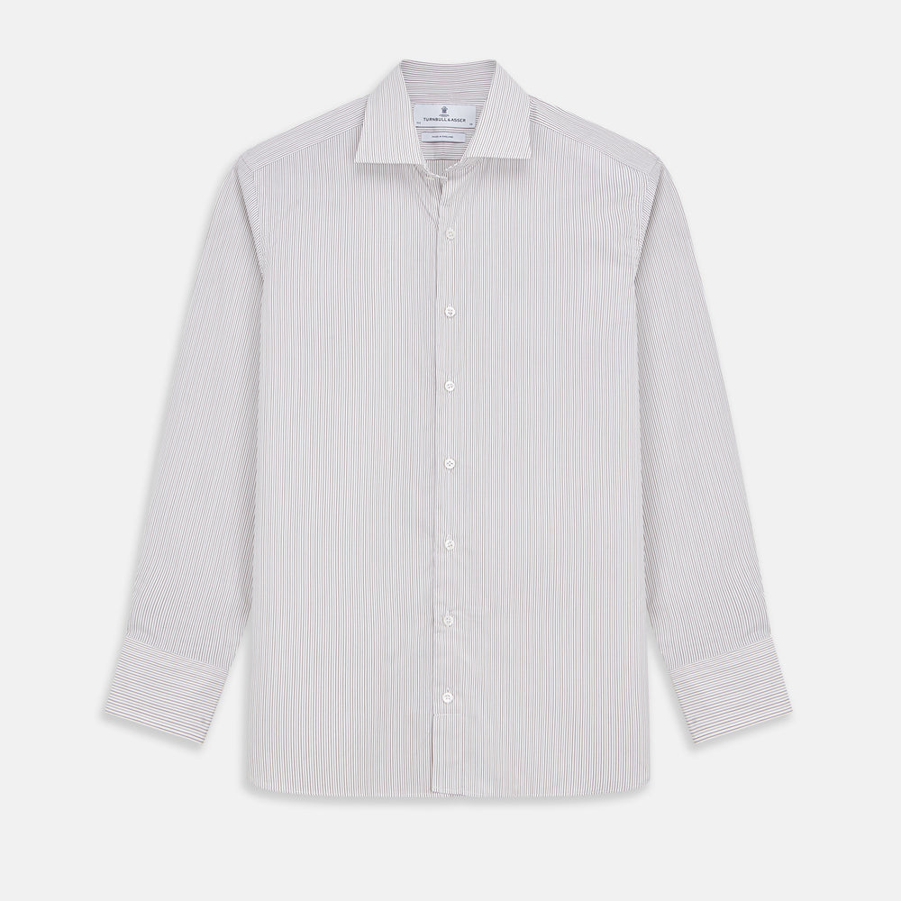 The Turnbull & Asser Sandstone Multi Stripe Cotton Tailored Fit Shelton Shirt features subtle vertical stripes, a pointed collar, and long sleeves, shown flat on a plain white background.