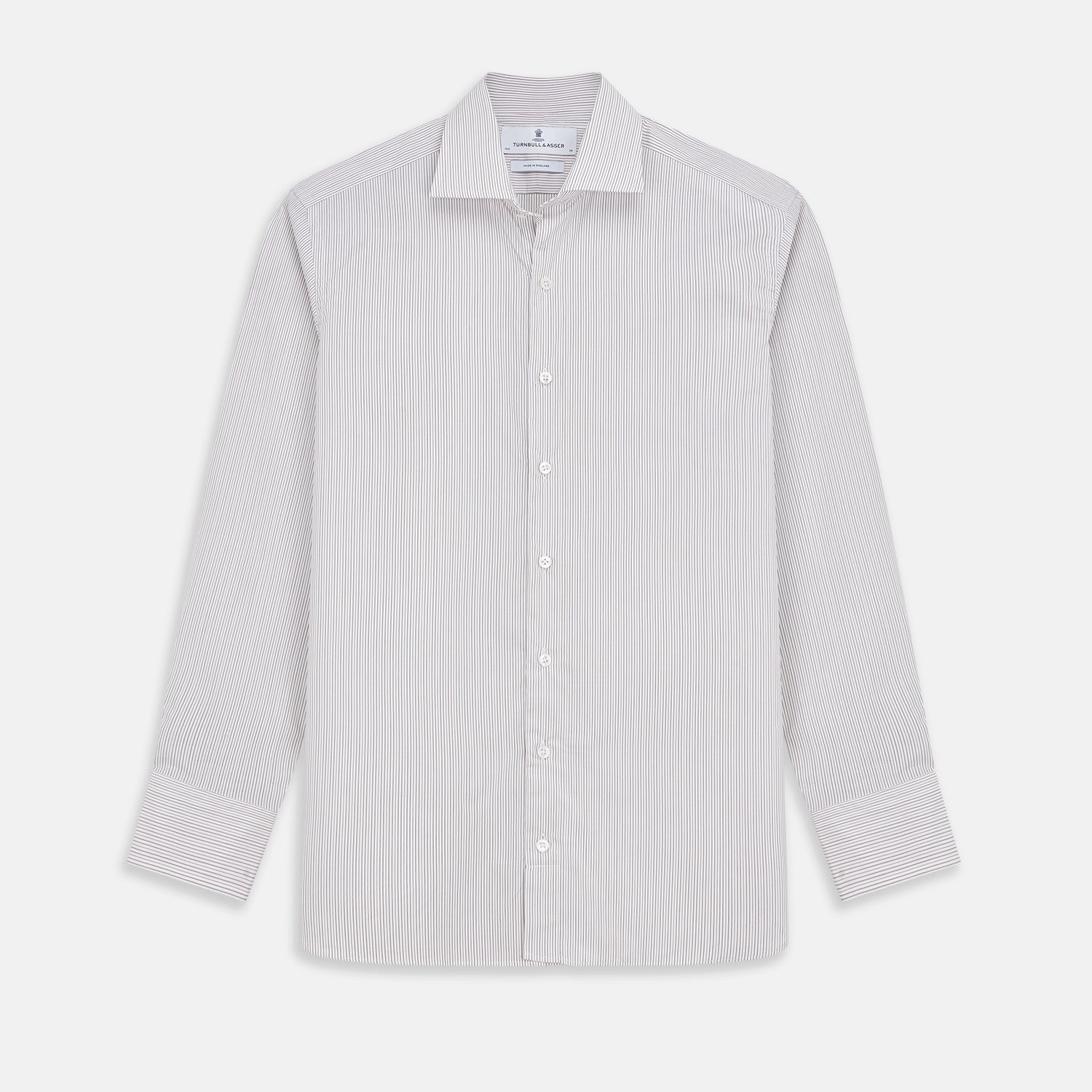 View 1 of product The Turnbull & Asser Sandstone Multi Stripe Cotton Tailored Fit Shelton Shirt features subtle vertical stripes, a pointed collar, and long sleeves, shown flat on a plain white background.