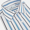 View 2 of product The Sky Blue Multi Candy Stripe Mayfair Shirt by Turnbull & Asser features vertical blue, black, and white stripes, a pointed collar, matching cuffs, and showcases signature British craftsmanship.