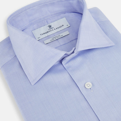 Blue Herringbone Tailored Fit Shirt With Kent Collar Image 1