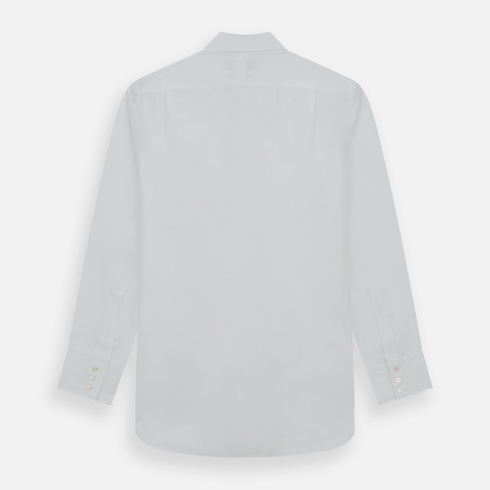 The Turnbull & Asser White Royal Oxford Cotton Shirt features a button-down collar and 3-button cuffs, ideal for minimalist looks, displayed on a white background.