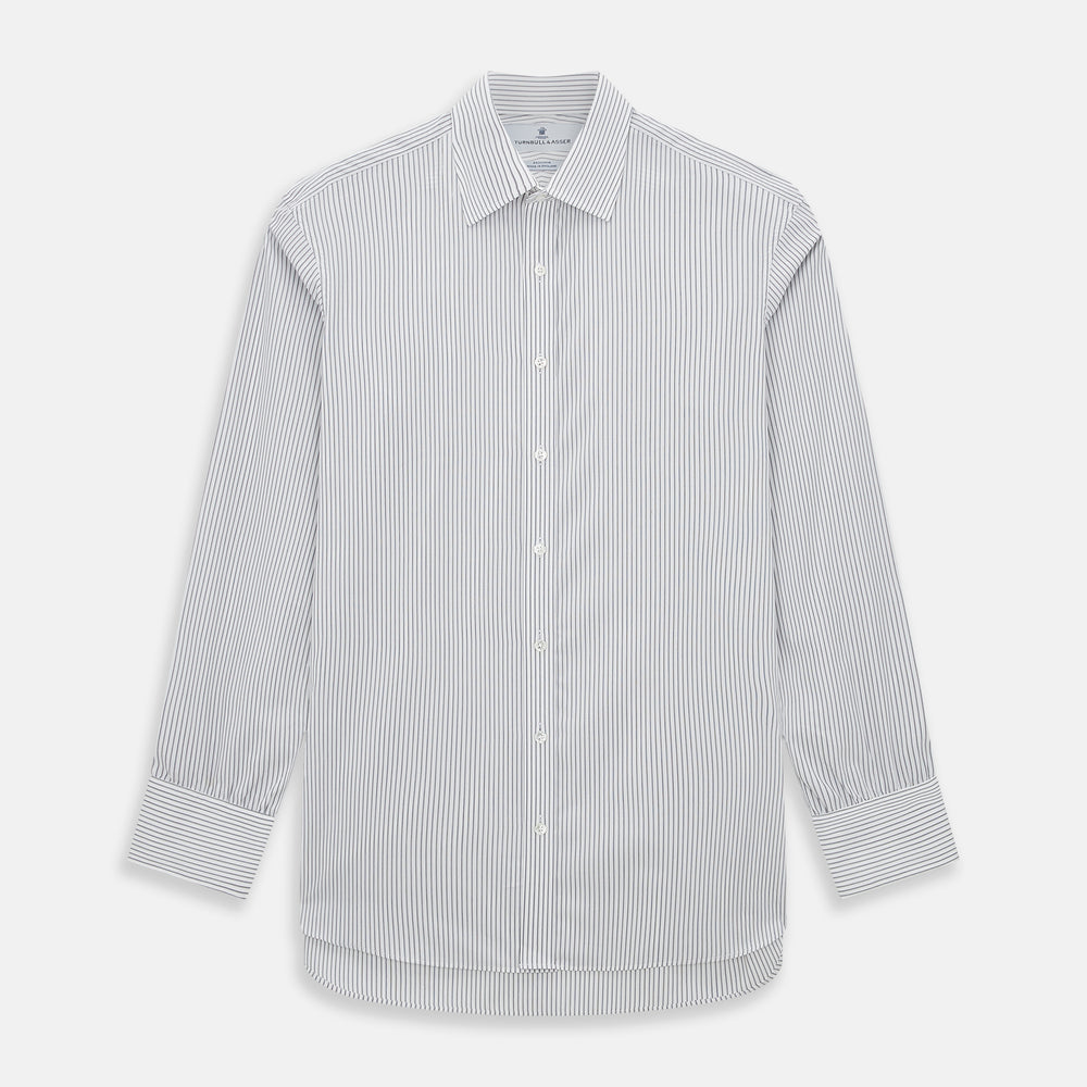 The Navy Music Stripe Mayfair Shirt by Turnbull & Asser features thin vertical blue and white stripes, a classic T&A collar, and long sleeves, shown on a plain white background.