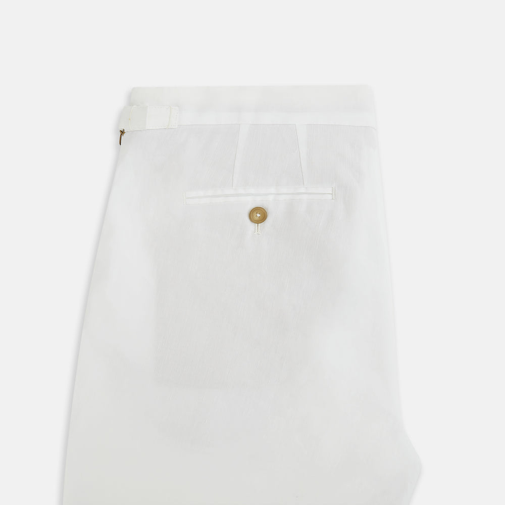 Turnbull & Asser White Linen Henry Trousers, featuring a straight-leg cut with front button and zip closure, are displayed against a plain white background.
