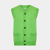 View 1 of product The Turnbull & Asser Lime Green Fine Merino V-Neck Sleeveless Cardigan features dark buttons, two front pockets, and a sophisticated look, all set against a plain white background.
