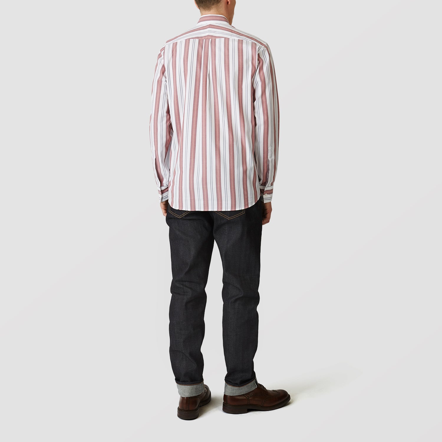 View 3 of product The Turnbull & Asser Red, Blue & White Stripe Weekend Fit Shirt features a Derby collar, 1-button cuffs, and crisp stripes—ideal for stylish winter layering.