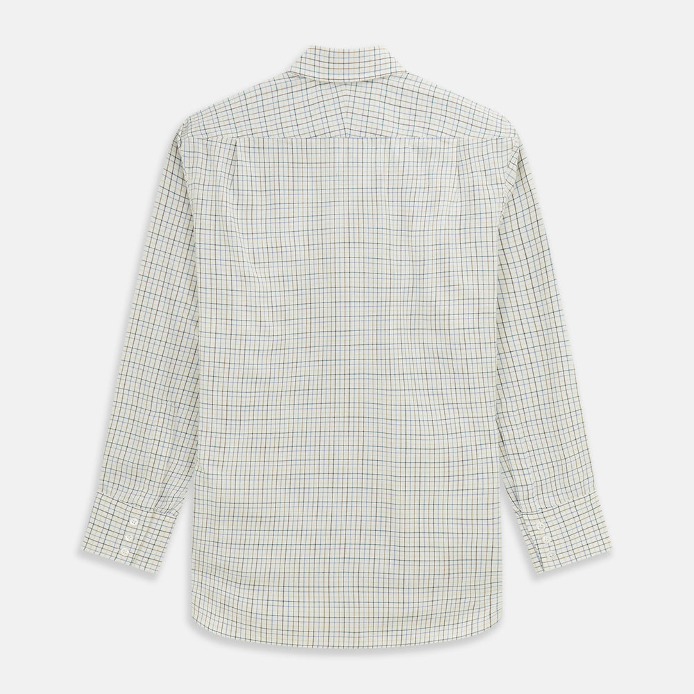 A Turnbull & Asser Green Tattersall Check Cashmerello Regular Fit Mayfair Shirt, featuring a long-sleeve button-up style with a green checkered pattern, is displayed on a plain white surface.
