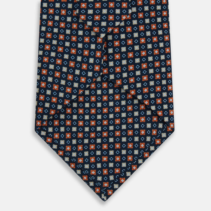Navy and Orange Geometric Motif Silk Tie Image 2