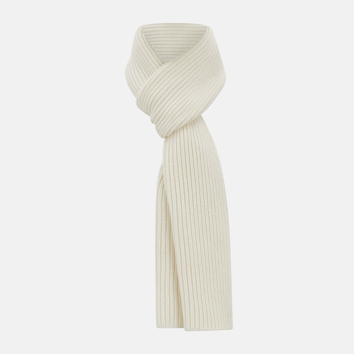 View 1 of product The Turnbull & Asser Ivory Rib-Knit Cashmere Scarf is tied in a simple loop, showing off its textured finish against a plain white background.