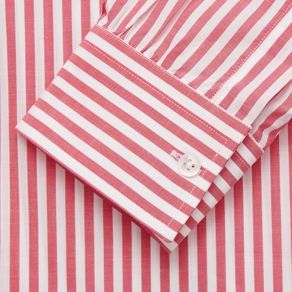 The Pink Candy Stripe Cotton Weekend Fit Finch Shirt by Turnbull & Asser features vertical red and white stripes, a left chest pocket, and a classic collar—an essential men’s wardrobe staple shown against a white backdrop.