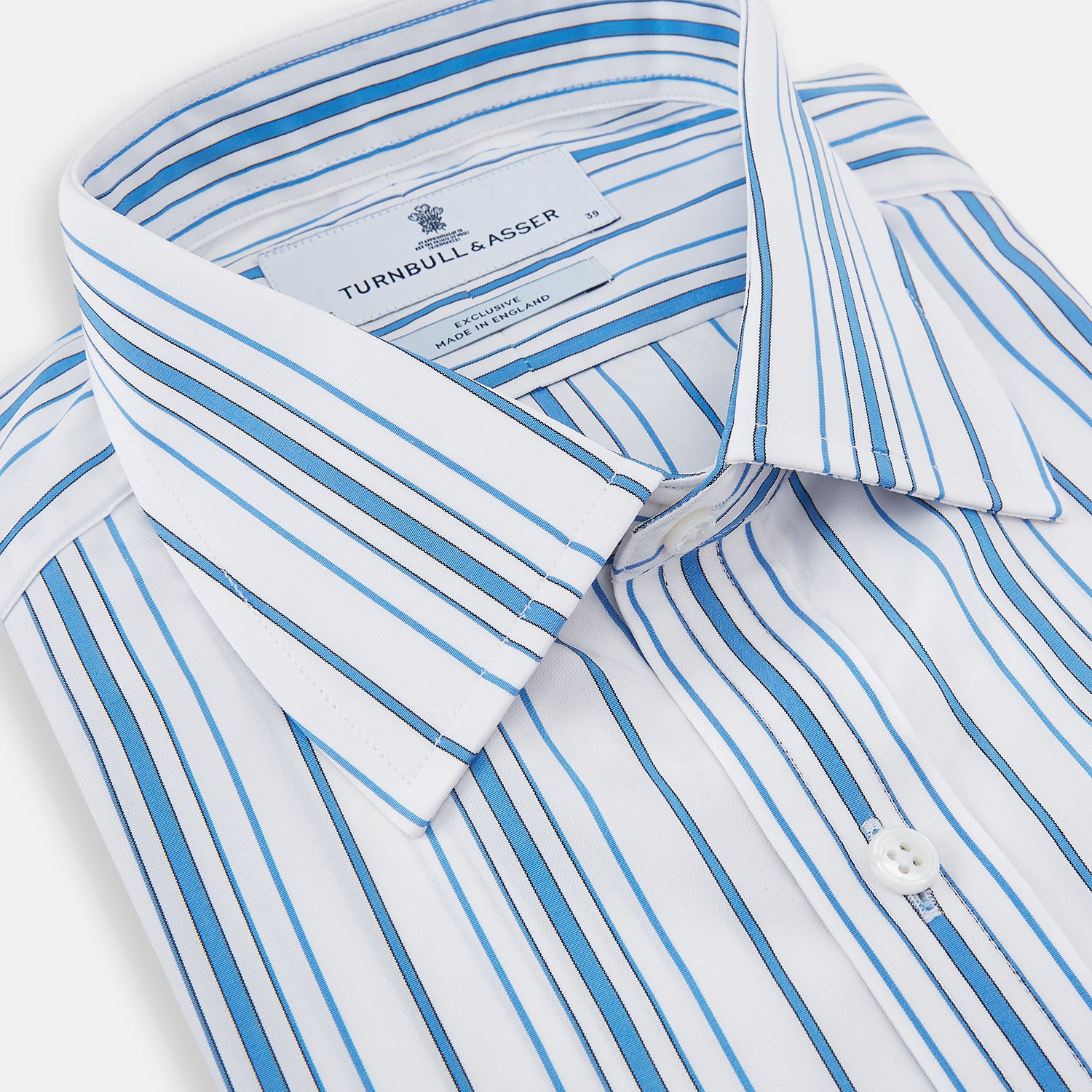 View 2 of product The Turnbull & Asser Blue Multi Stripe Mayfair Shirt features a T&A collar, vertical blue and white stripes, long sleeves, and a crisp Mayfair fit for a refined look.