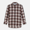 View 1 of product The Turnbull & Asser Black Multi-check Linen Blend Regular Fit Mayfair Shirt features long sleeves, a classic T&A collar and cuffs, and a black-and-red check pattern, shown on a white background.