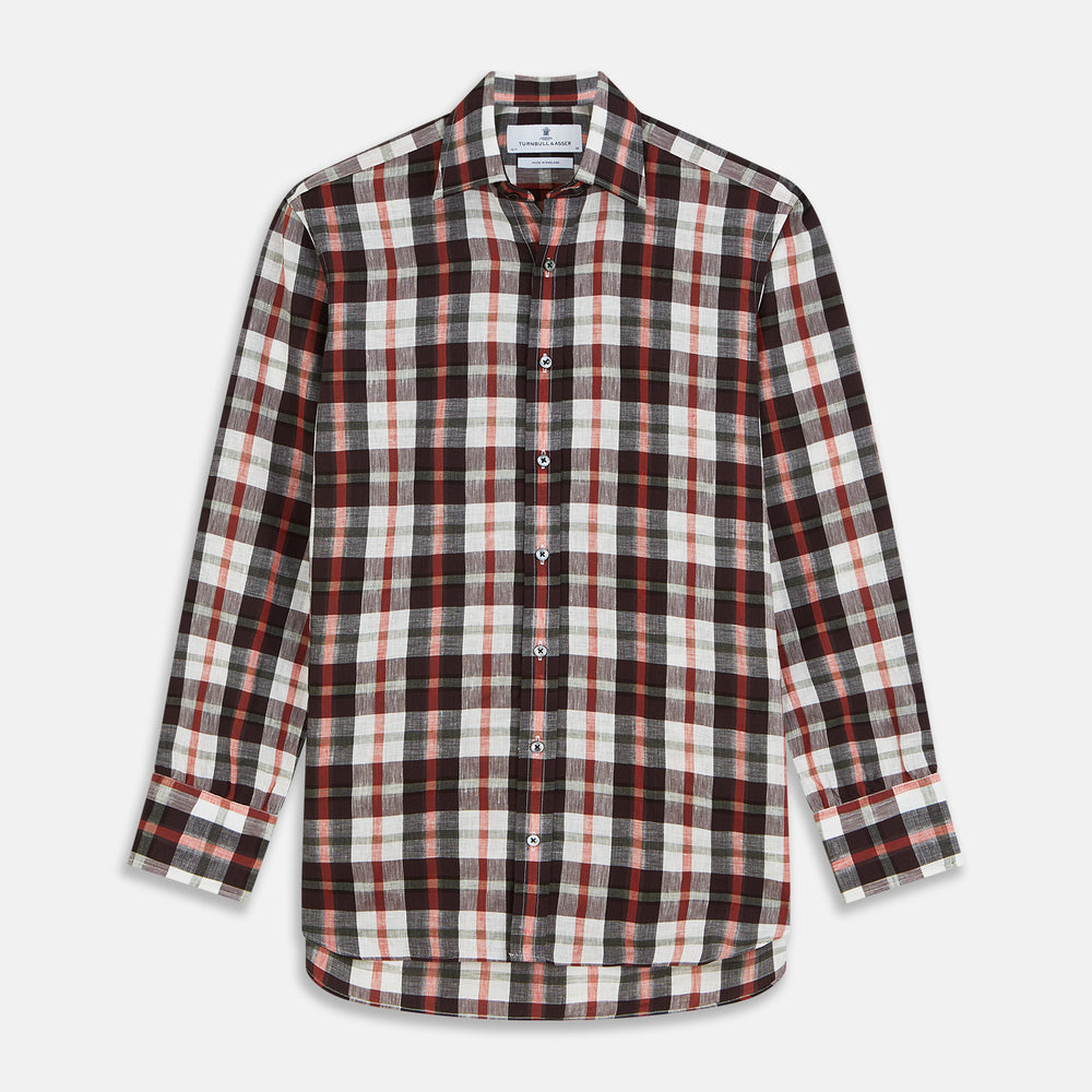 The Turnbull & Asser Black Multi-check Linen Blend Regular Fit Mayfair Shirt features long sleeves, a classic T&A collar and cuffs, and a black-and-red check pattern, shown on a white background.
