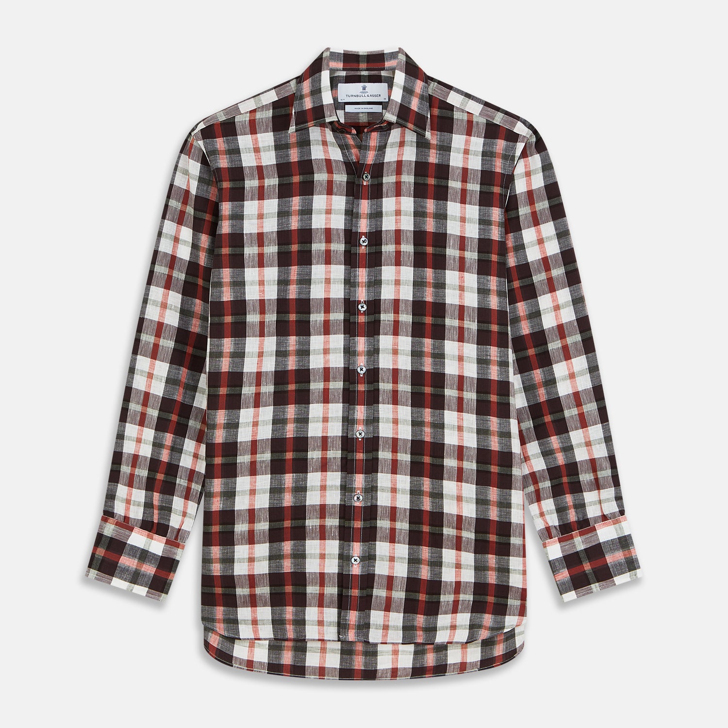 View 1 of product The Turnbull & Asser Black Multi-check Linen Blend Regular Fit Mayfair Shirt features long sleeves, a classic T&A collar and cuffs, and a black-and-red check pattern, shown on a white background.