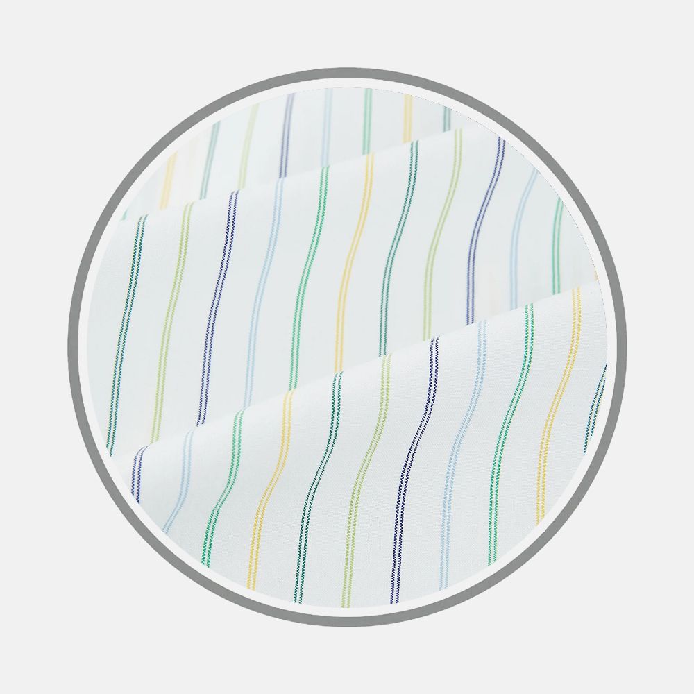 Close-up of Turnbull & Asser's Yellow Multi Double Pinstripe Fabric, featuring white fabric with thin vertical stripes in blue, green, yellow, and navy, shown within a circular frame on a light gray background.