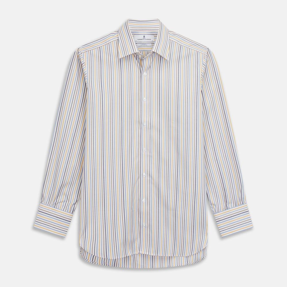 A close-up of Turnbull & Asser's Yellow Multi Stripe Cotton Fabric, featuring diagonal light blue, yellow, beige, and gray stripes on white. Shown in a circular frame, the fabric displays gentle waves and subtle texture.