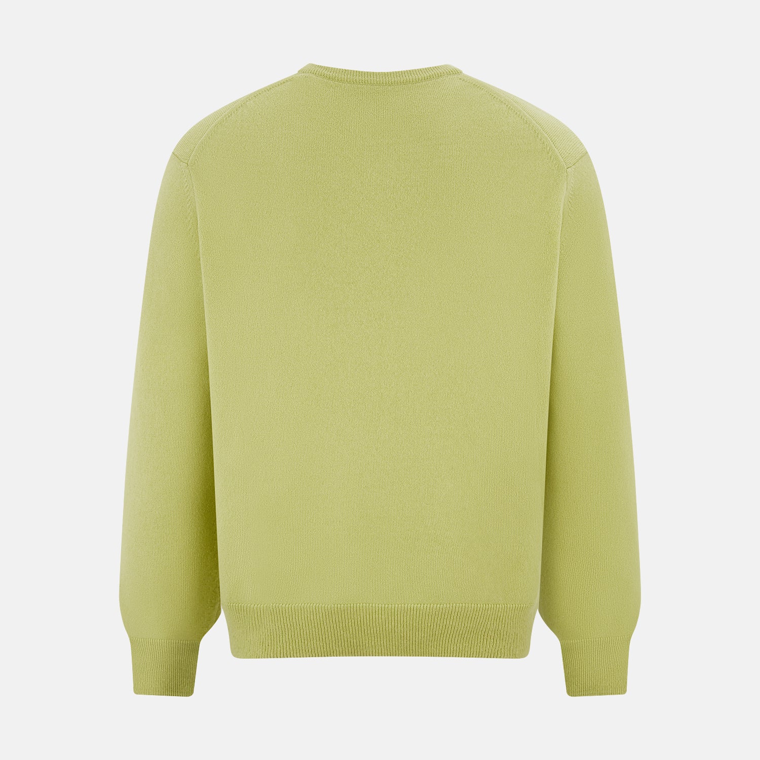 View 3 of product The Turnbull & Asser Melon Green Cashmere V-Neck Jumper features long sleeves with ribbed cuffs and hem, shown against a plain white background.