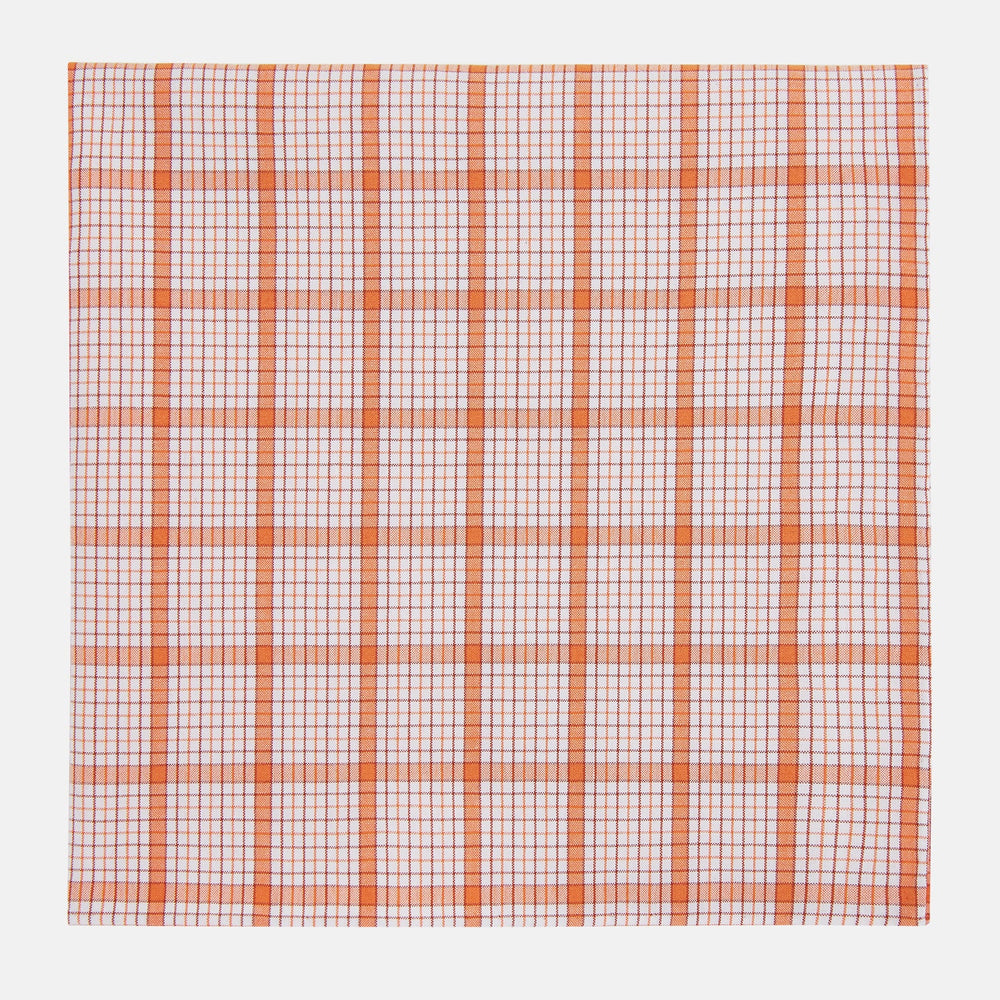 The Turnbull & Asser Hand Rolled Orange Graph Overlay Check Handkerchief features bold orange and white checks with blue and orange grid lines—a refined, classic accessory for any gentleman.