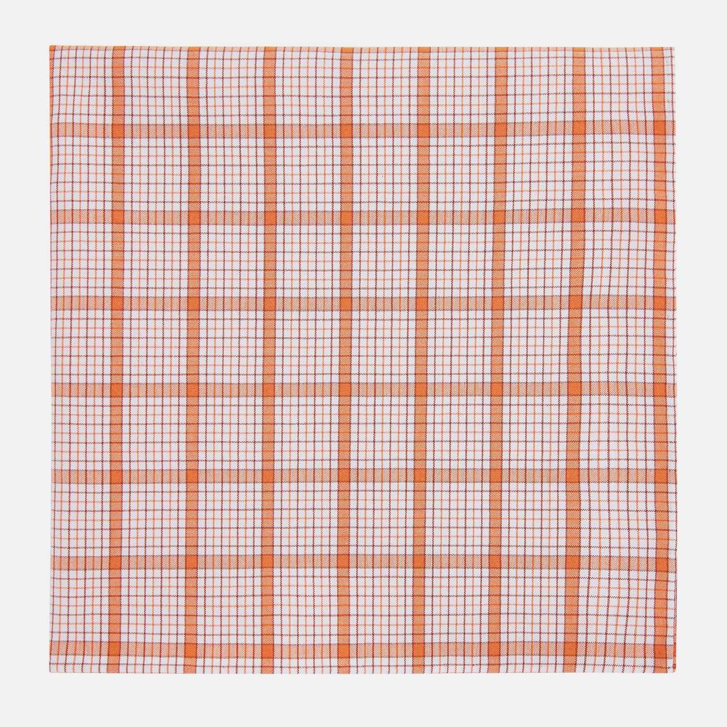 View 1 of product The Turnbull & Asser Hand Rolled Orange Graph Overlay Check Handkerchief features bold orange and white checks with blue and orange grid lines—a refined, classic accessory for any gentleman.