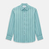 View 1 of product The Turnbull & Asser Sage Track Stripe Westminster Shirt features long sleeves, a tailored fit, a collar, and vertical dark blue stripes, with button closures down the front and at the cuffs, shown laid flat on a white background.