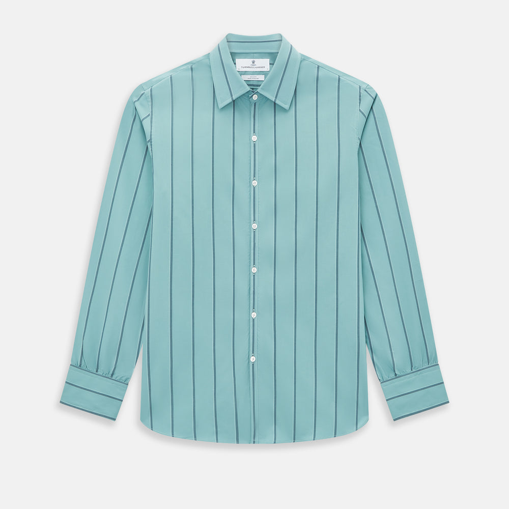 The Turnbull & Asser Sage Track Stripe Westminster Shirt features long sleeves, a tailored fit, a collar, and vertical dark blue stripes, with button closures down the front and at the cuffs, shown laid flat on a white background.