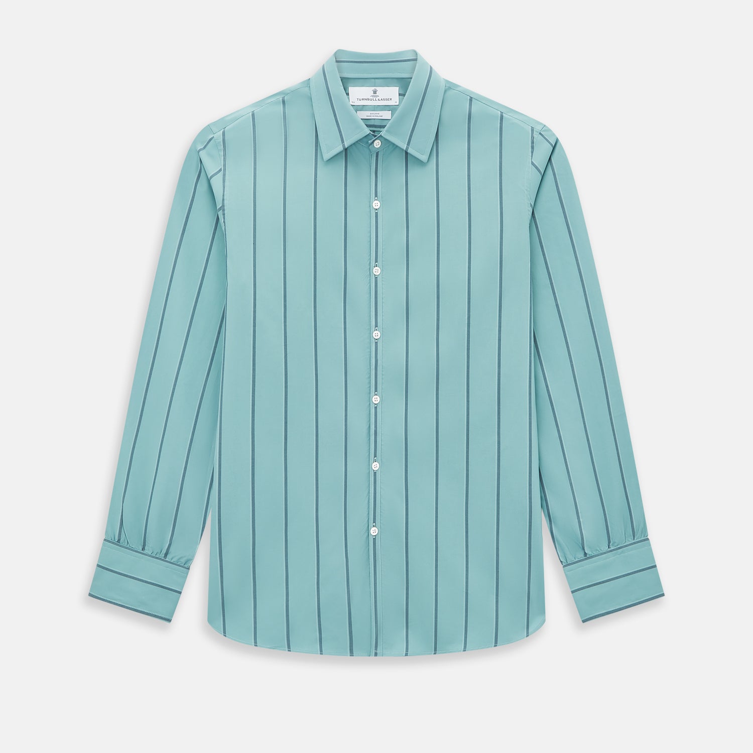 View 1 of product The Turnbull & Asser Sage Track Stripe Westminster Shirt features long sleeves, a tailored fit, a collar, and vertical dark blue stripes, with button closures down the front and at the cuffs, shown laid flat on a white background.