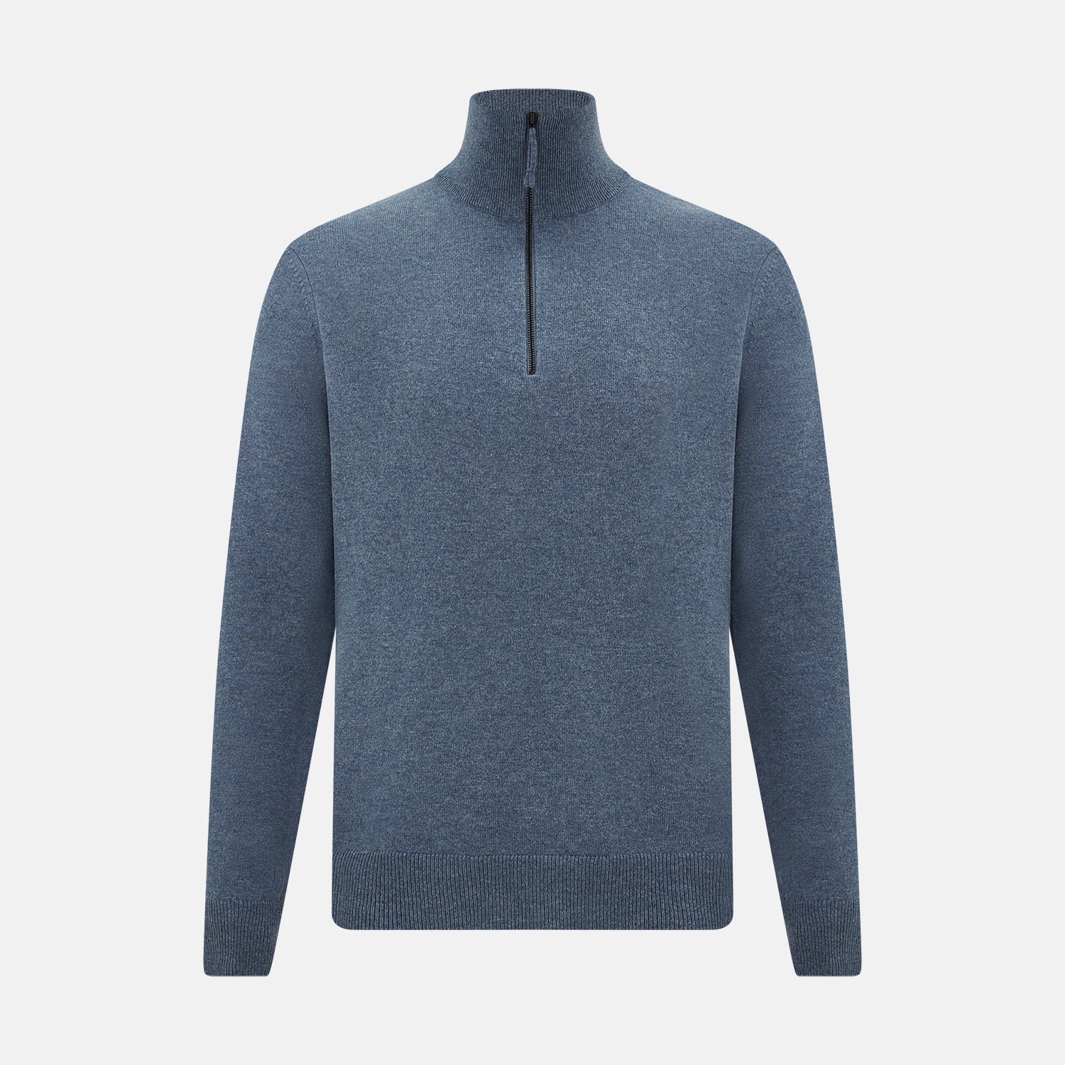 View 1 of product The Blue Melange Half-Zip Cashmere Jumper by Turnbull & Asser features a high collar, ribbed cuffs and hem, and long sleeves. This pullover sweater is shown against a plain white background.