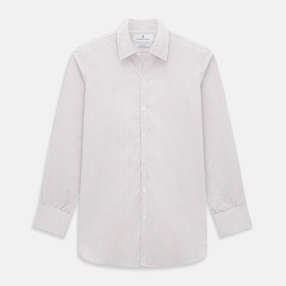 The Turnbull & Asser Red and Navy Check Windsor Shirt features a pointed collar and cuffed long sleeves, highlighting British craftsmanship. Displayed flat on a white background.