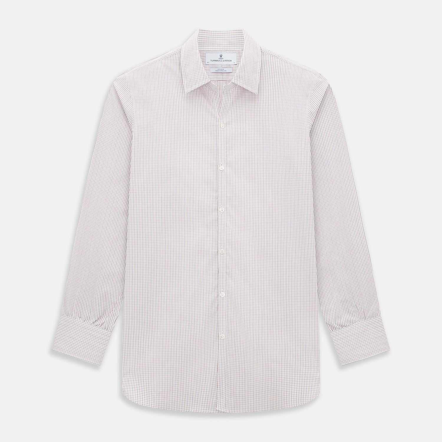 View 1 of product The Turnbull & Asser Red and Navy Check Windsor Shirt features a pointed collar and cuffed long sleeves, highlighting British craftsmanship. Displayed flat on a white background.