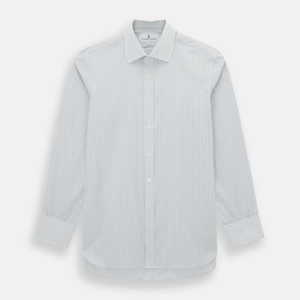 The Navy and Brown Pinstripe Mayfair Shirt by Turnbull & Asser, crafted from Italian cotton with long sleeves, a collar, and buttoned cuffs, is displayed on a plain white background.