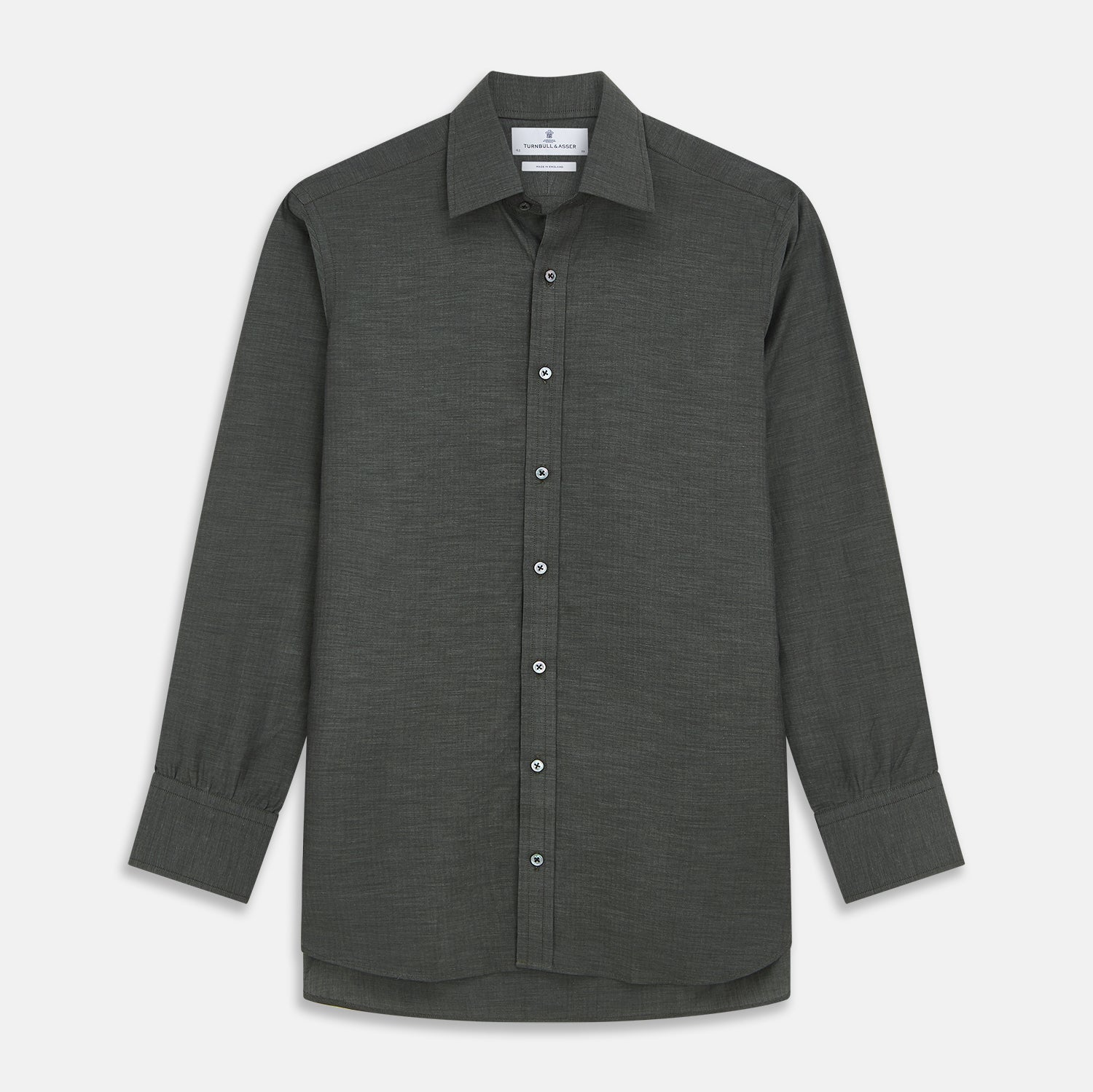 View 1 of product The Turnbull & Asser Dark Green Cotton Melange Regular Fit Mayfair Shirt features long sleeves, a T&A collar, buttoned cuffs, and a slightly rounded hem, shown laid flat on a white background.