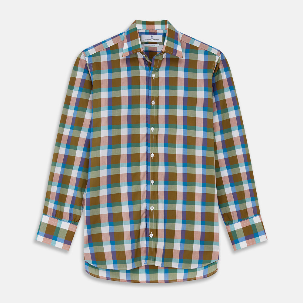 The Turnbull & Asser Green and Pink Multi-check Cotton Blend Regular Fit Mayfair Shirt features a classic T&A collar, white buttons, and an olive green, blue, white, and pink plaid pattern.